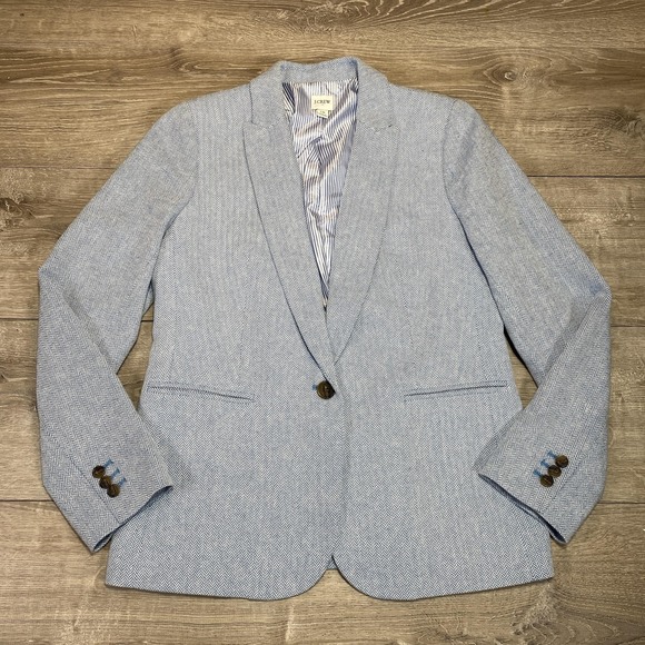 J.Crew Blazer Womens 10 Light Blue Herringbone Cotton 1-Button Notch Lapel Lined - Picture 1 of 12